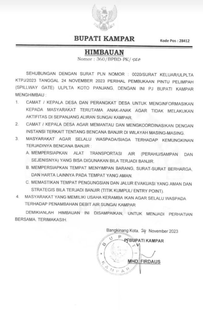 Pj Bupati Keluarkan Surat Himbauan Terhadap Naiknya Elafasi Air Waduk PLTA Koto Panjang