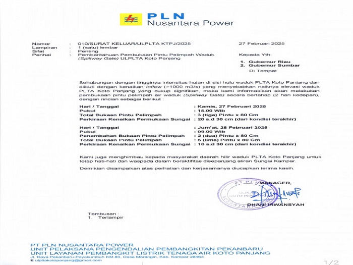 Intensitas  Curah Hujan Makin Tinggi, Hari Ini dan Besok PLTA Koto Panjang Buka Pintu Air