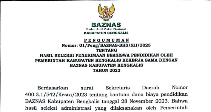 Pengumuman Penerima Beasiswa Baznas Kabupaten Bengkalis 2023