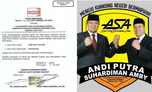 Pilkada Kuansing 2020: Andi Putra - Suhardiman Amby Terima SK dari DPP Hanura