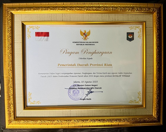 Riau Raih Penghargaan Predikat Nasional Sangat Tinggi dalam Pembentukan Produk Hukum Daerah
