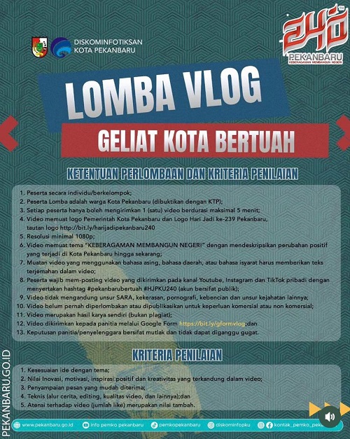 Hadiah Jutaan, Ini Cara dan Syarat Daftar Lomba Poster dan Vlog Sempena HUT Ke-240 Pekanbaru