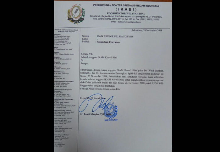 GAWAT... Tak Terima Dua Anggotanya Ditahan, Ikatan Dokter Bedah di Riau Mogok Kerja