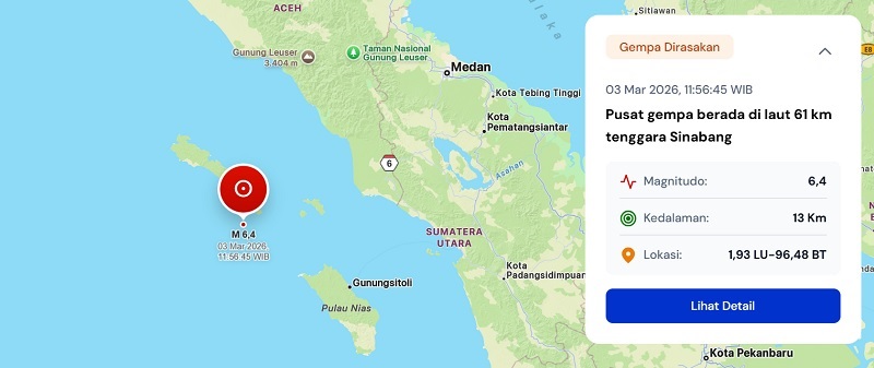 Gempa Magnitudo 6,4 Guncang Sinabang Aceh