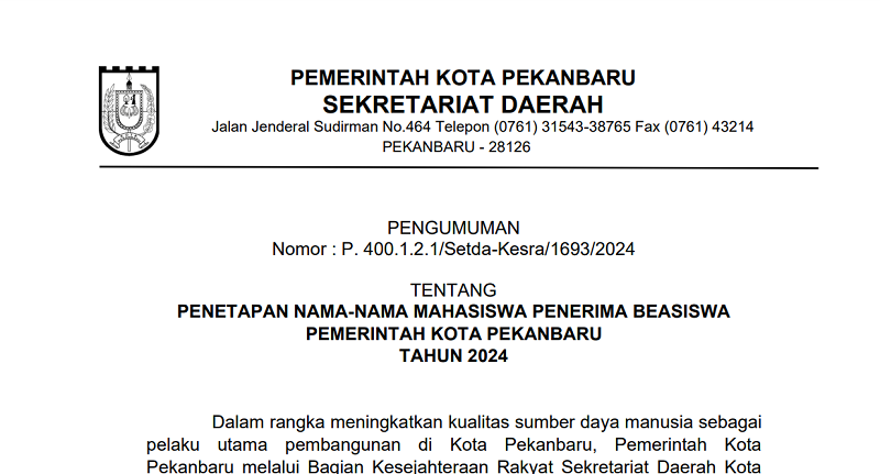 Pemko Pekanbaru Umumkan 287 Mahasiswa  Lulus Seleksi Penerima Beasiswa 2024