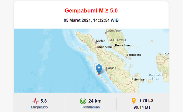 BREAKING NEWS: Gempa M 5.8 Guncang Mentawai Siang Ini