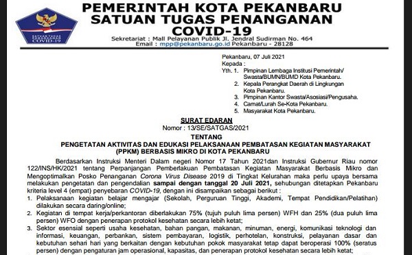 Pemko Pekanbaru Terapkan Pengetatan PPKM Mikro di 38 RW, Ini Datanya...