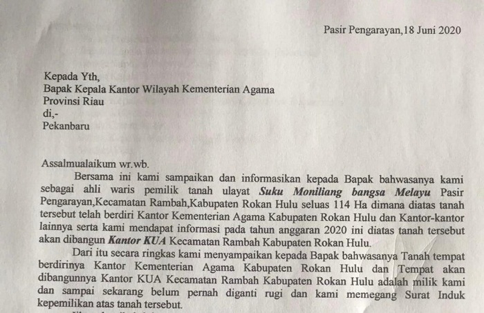 Kanwil Depag Riau Diperingatkan Soal Status Tanah Kantor Depag Rokan Hulu