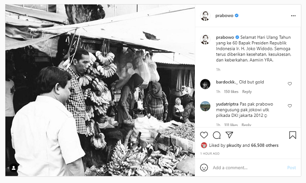 Unggah Foto  Berdua di Pasar, Prabowo Sampaikan  Kalimat ini pada Jokowi di Instagram...