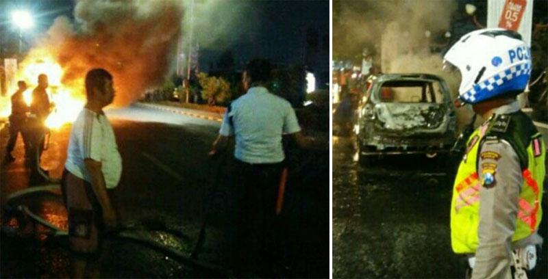 TOLONGGG...Mobil Ertiga Terbakar Habis, Satu Keluarga 4 Anak Selamat dari Kobaran Api