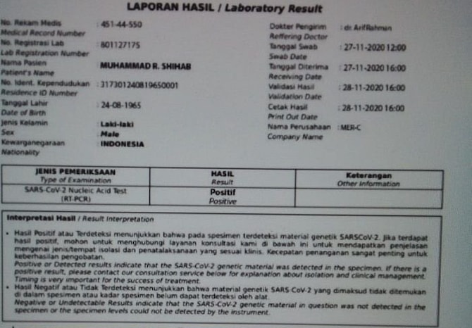 Beredar Surat Tes Swab Habib Rizieq Shihab, Hasilnya Positif Covid-19, PA 212: Hoaks