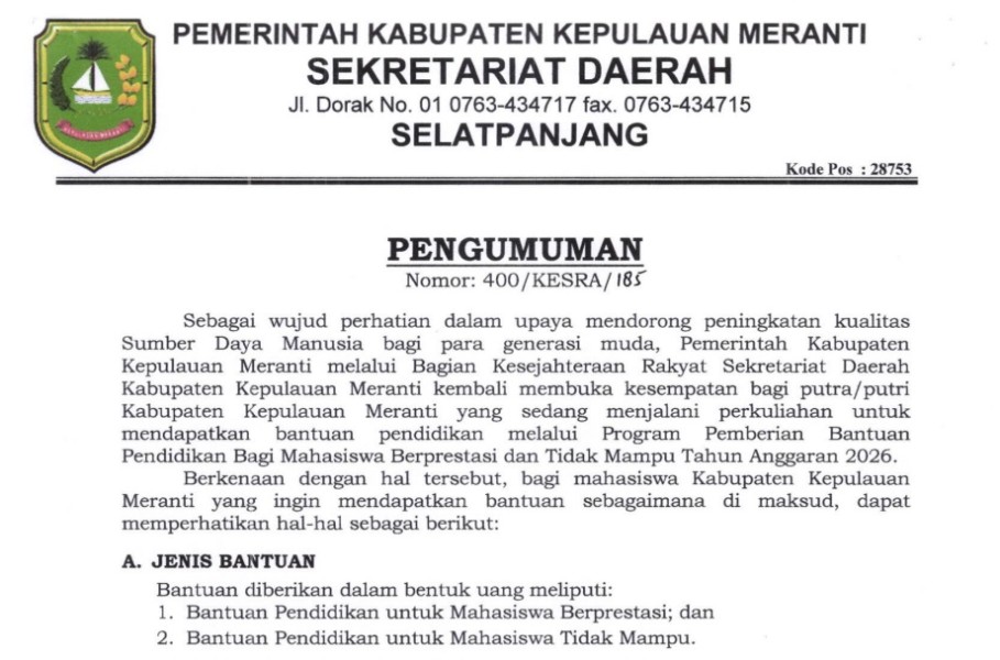 Pemkab Meranti Buka Pendaftaran Program Bantuan Pendidikan Bagi Mahasiswa Berprestasi dan Tidak Mampu