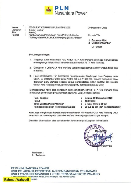 Besok Pagi PLTA Koto Panjang Akan Buka 2 Pintu Pelimpah
