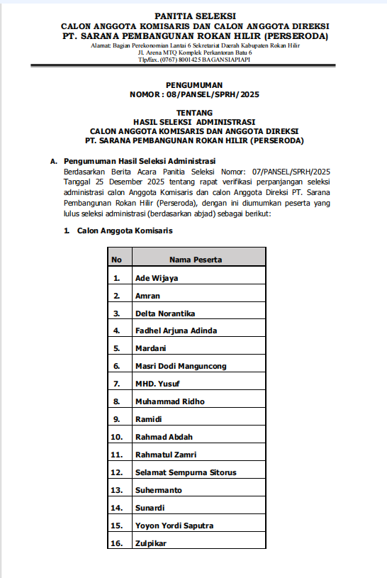 Hasil Seleksi Administrasi Calon Anggota Komisaris dan Anggota Direksi PT. Sarana Pembangunan Rokan Hilir Perseroda