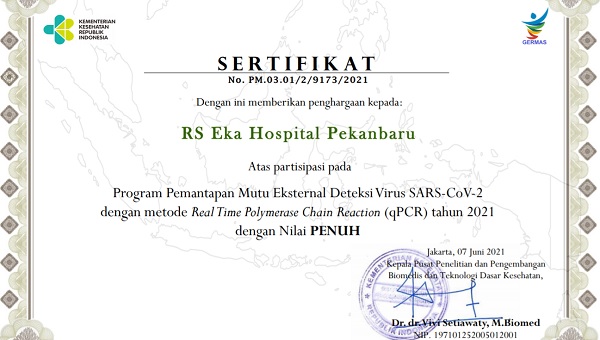 Laboratorium PCR Eka Hospital Pekanbaru Terverifikasi dan Tersertifikasi Dari Kementerian Kesehatan RI