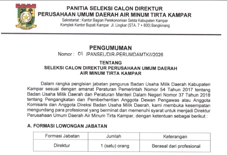 Pemkab Kampar Buka Seleksi Calon Direktur Perumdam  Tirta Kampar