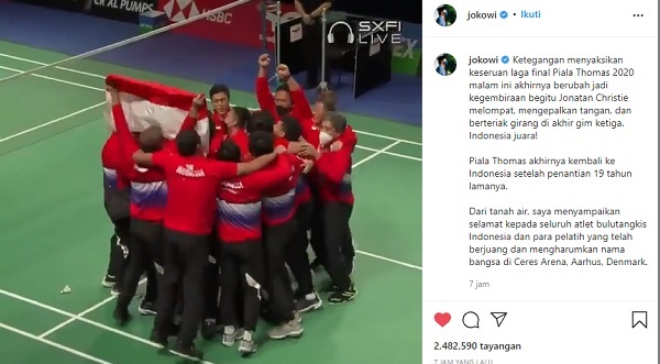 Sempat Diliputi Ketegangan dan Gembira, Presiden Joko Widodo Sampaikan Selamat Piala Thomas Kembali ke Indonesia