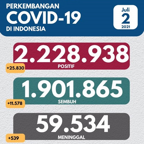 UPDATE 2 Juli 2021: Rekor Ganda, 25.830 Kasus Positif, 539 Meninggal Dunia