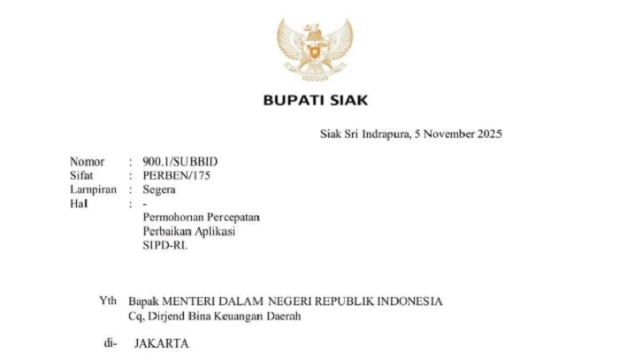 SIPD Kemendagri Alami Gangguan, Bupati Siak Bersurat ke Wamendagri