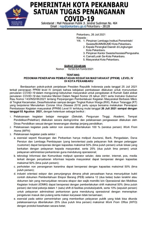 Revisi Kebijakan, Pemko Pekanbaru: PPKM Level IV  Berlaku 26 Juli  Hingga 2 Agustus