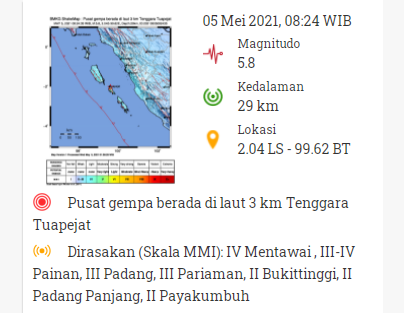 BREAKING NEWS: Gempa Magnitudo 5.8 Kembali Guncang Tua Pejat Kepulauan Mentawai Sumbar