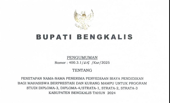 Pemkab Bengkalis Umumkan Penerima Beasiswa 2024