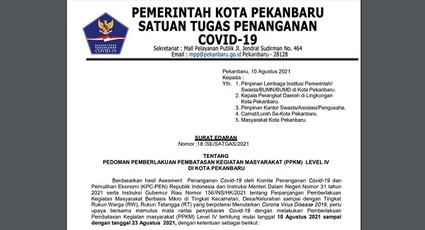 Wali Kota Pekanbaru Terbitkan Surat Edaran Perpanjangan PPKM Hingga 23 Agustus, Ini Aturan Mainnya Bagi Aktivitas Masyarakat....