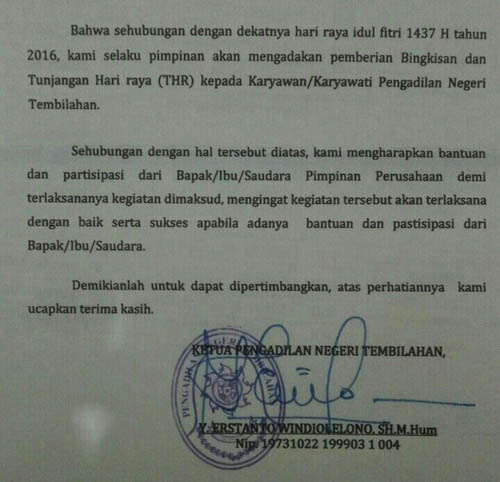 SE Soal THR Berakibat Fatal, Ketua PN Tembilahan Dicopot oleh MA