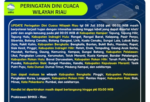BMKG Rilis Peringatan Dini Hujan Lebat Disertai Kilat dan Angin Kencang Dinihari ini di Wilayah Riau