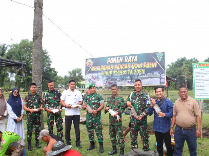 Dukung Progam Panglima TNI, Yonif 132/BS Salo Lakukan Panen Ikan Patin Dalam Meningkatkan Ketahanan Pangan
