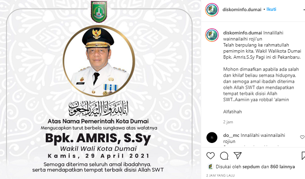Innalillahi Wainna Illaihi Rojiun... Wakil Wali Kota Dumai, Amris  Meninggal Dunia