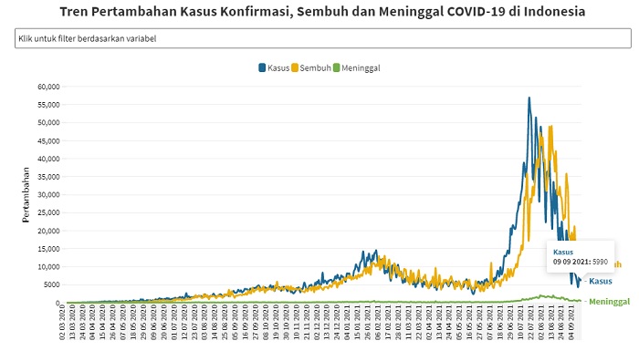 UPDATE 9 September 2021: Turun Drastis, Bertambah 5.990 Kasus Positif Baru, 10.650 Sembuh, 334 Meninggal Dunia